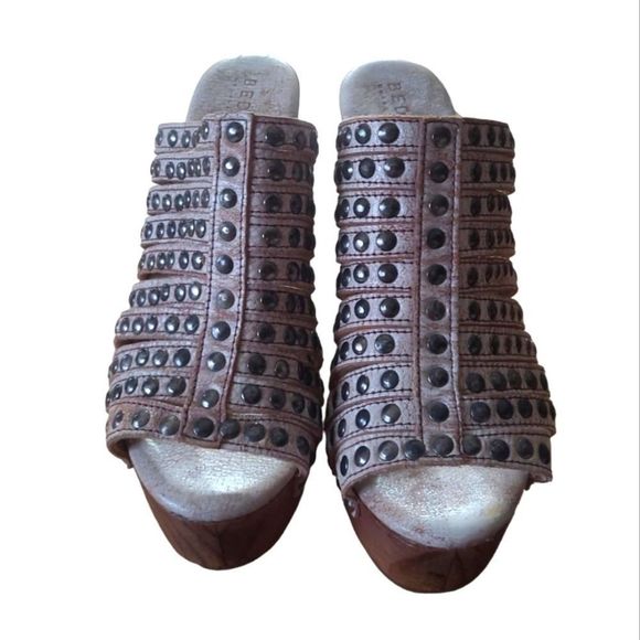 Bed Stu Shoes - Bed Stu cobbler series.  Cream color studded platform mules.